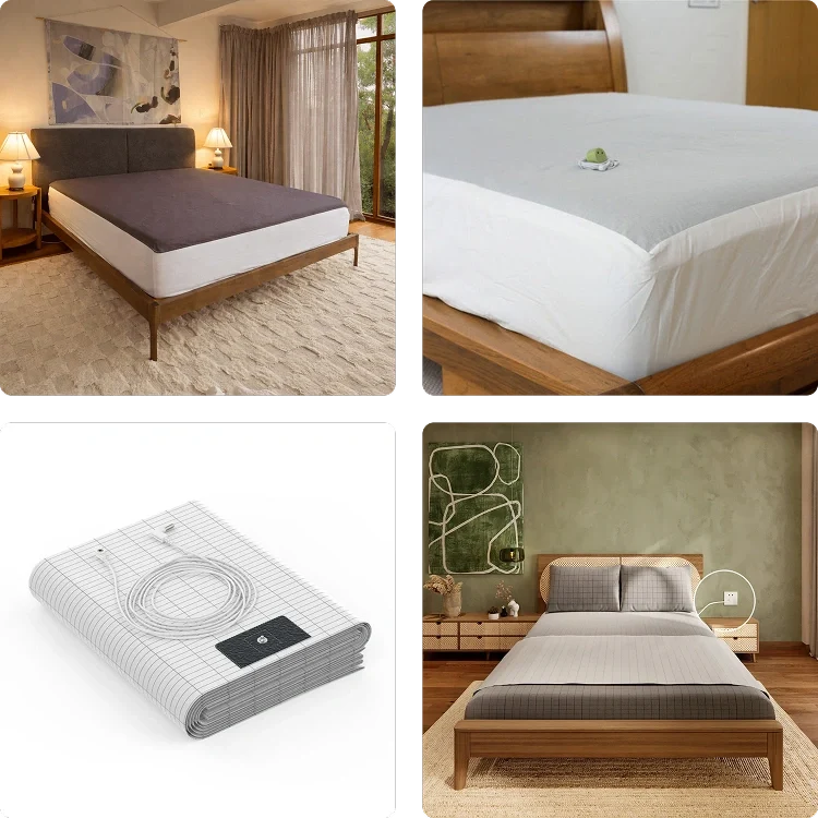 Collage of grounding sheets shown on real beds, comparing the brands tested in this guide